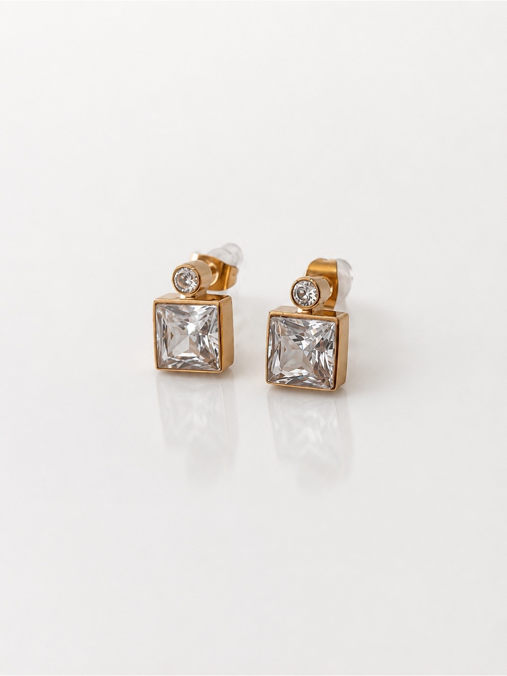 18k gold plated stainless steel classic crystal square stud earrings